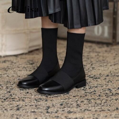 Kanseet Boots For Women Fashion Patchwork Knitted Genuine Leather Shoes New Design Round Toe Low Heel Casual Ankle Boots