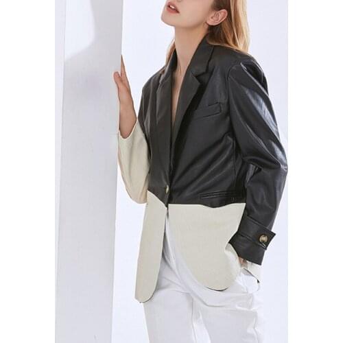 Contrast PU Leather Blazers Black Beige Loose Patchwork Suits Women Long Sleeve Single Button Blazer Office Lady Work Clothing