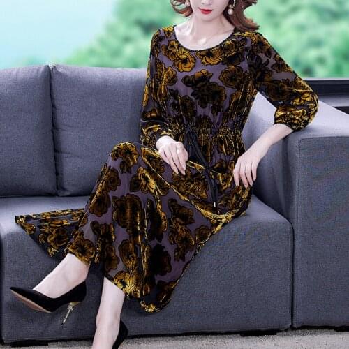 Spring Gold Floral Velvet Loose Waist Midi Dress Autumn Women Casual Long Sleeve Dress 2021 Korean Vintage Elegant Party Vestido