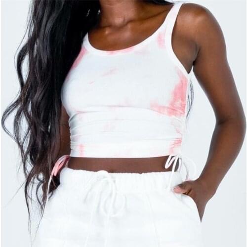 ZXQJ Women 2021 Sexy Fashion Tie-dye Double Drawstring Blouses Vintage Skew Collar Sleeveless Female Shirts Chic Tops