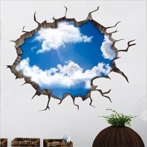 1PCS New 3D Broken Wall Blue Sky White Cloud Wall Stickers For Living Room Bedroom Removable Decorative Painting 50*70CM