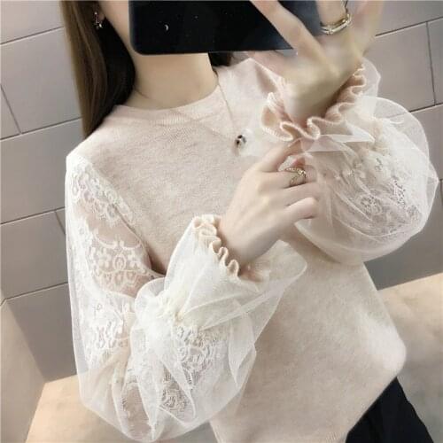 2021 Winter Autumn French Sweet Temperament Women Sweater Female Mesh Stitching Design Floral Pullovers Knitted Tops Jumper