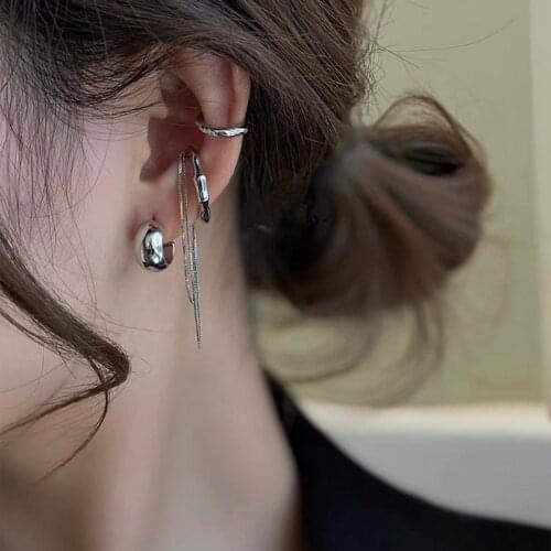 4PCS/SET Gold Silver Color Metal Irregular Chain Tassel Clip Earrings For Women Fake Piercing Earbone Ear Cuff 2021 New