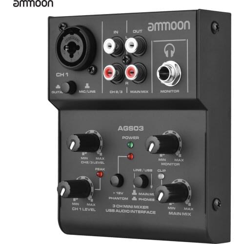 Ammoon AGS03 3-Channel Mini Mixer Mixing Console USB Audio Interface Plug-and-Play 18V Phantom Power for Home Studio Recording