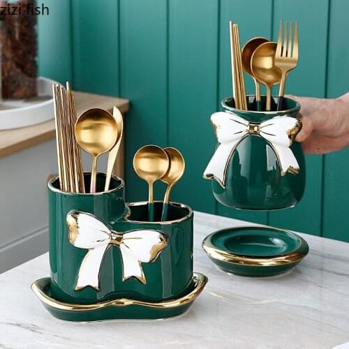 Bowknot Decorative Ceramic Chopsticks Holder Household Kitchen Storage Supplies Knife/fork/spoon Porcelain Organizer Bucket