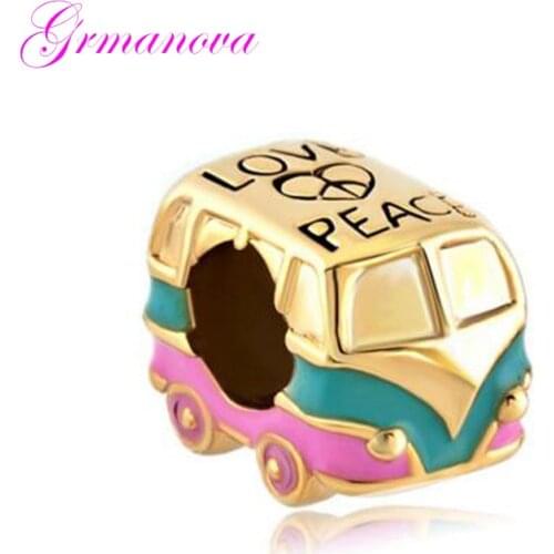 Peace love golden colored car charm beads DIY handmade jewelry amulet Fit Pandora Bracelet Necklace