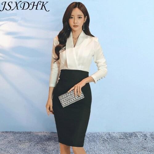 JSXDHK New 2019 Fashion Autumn Women Work Pencil Dress Office OL White Black Patchwork Long Sleeve Ladies Formal Bodycon Dress