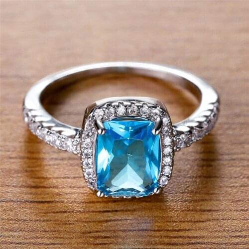 Aqua Blue Square Zircon Ring White Crystal Small Stone Rings For Women Wedding Jewelry Female Birthstone Engagement Promise Ring