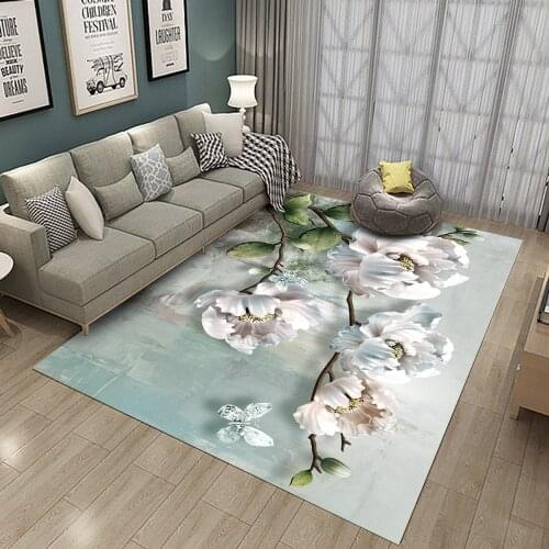 Alfombra Printed Flannel Area Rug Green Leaf Blue Flower Pattern Carpet Room Floor Printed Carpet For Living Room Bedroom & Home