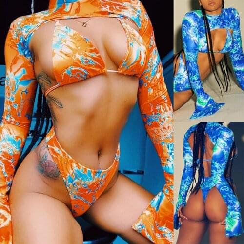 Bikini Swimsuit Swimwear Female Sexy Dyeing Floral Print long-sleeved Women Bikini Set Bathing Suit Dropshipping SLFH10022