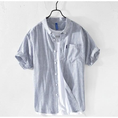 Summer Mens Casual Stripe Shirt Youth Short Sleeve Lapel Top