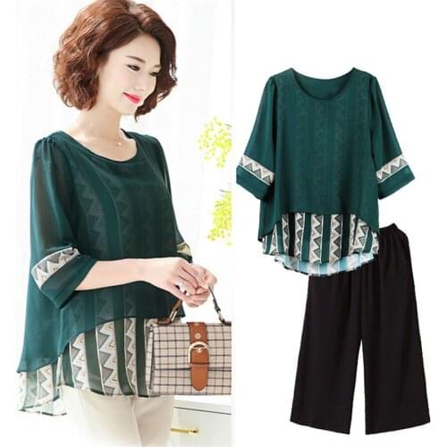 Middle-aged mom summer tracksuit two piece set Fashion print O-Neck short sleeves top+Mid-Calf pant Casual plus size outfits 5XL