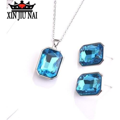 Hot new personality exquisite luxury aquamarine earring necklace pendant set European and American party engagement jewelry