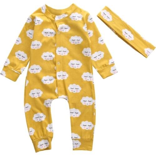 Fashion Baby Kids Girls White Cloud Long Sleeve Romper Jumpsuit cotton+ Headband 2pcs Outfit Infant Kids Clothing