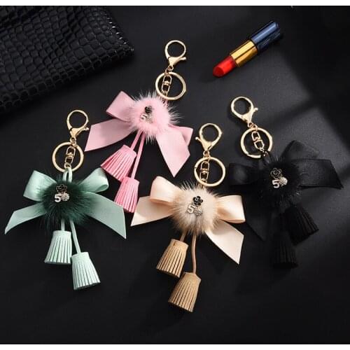 Fashion Korean 5 Word Bow Fur Ball Keychain Velvet Tassel Mink Tassel Pendant Car Bag Accessories Keyring Key Chains