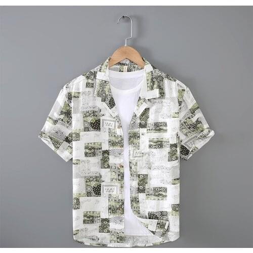 Mens Loose Linen Thin Shirt Youth Casual Short Sleeves Lapels Print