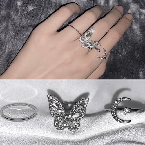 Butterfly Rings Set 3 PC Womens Fashion Silver Color Rhinestone Adjustable Rings for Cocktail Party Wedding Ring Set Jewelry