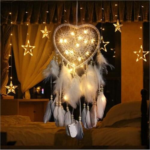 Fancy Ornaments Hollow Hoop Heart Shape Pendant Feathers Handmade Night Light Wall Gift Decor Hanging Home