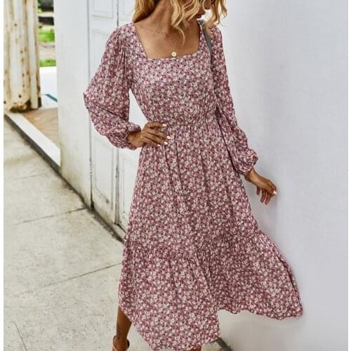 Casual Floral Dress Women Elegant Flower Midi Dresses Female Long Sleeve Square Collar Loosed Dress Ladies Party Beach Vestidos