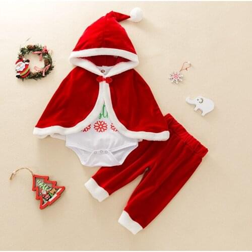 Christmas Winter Red Hooded Cloak Coats+Letter Print Long Sleeve Romper+Plush Trousers 3Pcs Infant Baby Girl Xmas Clothes Sets