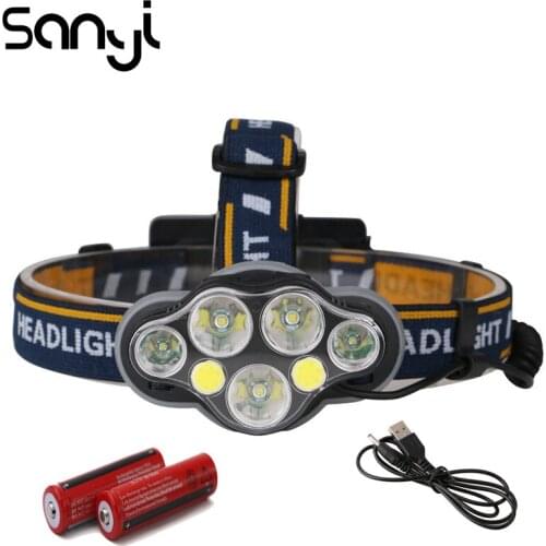 SANYI 3*T6+2*XPE+2*COB Headlight USB Rechargeable 8 Modes LED Camping Lamp Headlamp Flashlight Forehead for Hunting Climbing