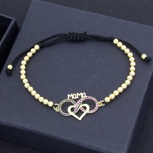Heart Shape Letter Mama Rope Adjustable Handmade Bead Bracelets Bangles Crystal Rhinestone Copper CZ Jewelry For Mothers Day