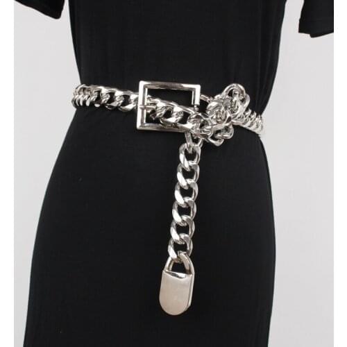 Silver Gold Metal Alloy Waist Belt Long Wide Waist Chain Punk Street Jean Belt Hip Hop Gothic Buckle PIn Adjustable Belt Cinch