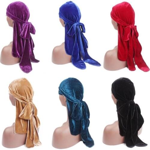 Fashion Unisex Men Women Velvet Breathable Bandana Pirate Hat Turban Caps Doo Durag Headwear Long Tail Beanies Skullies