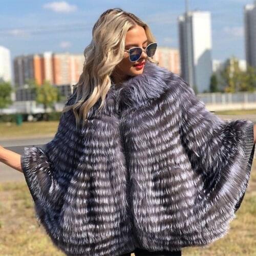 Real fur silver fox fur coat with batwing sleeves short medium jacket Natural Fur Coat Fashion sliver fox fur shawl