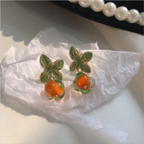 Glass Persimmon Drops Of Glaze Flower Earrings Fashionable Joker Retro Geometric Stud Earrings Women Jewelry Wholesale