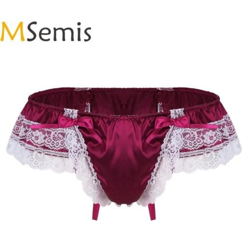 Mens Shiny Satin Bikini Thong Underwear Sissy Panties Sexy Double Layers Floral Lace Bowknot Gay G-string Briefs Hombre Lingerie