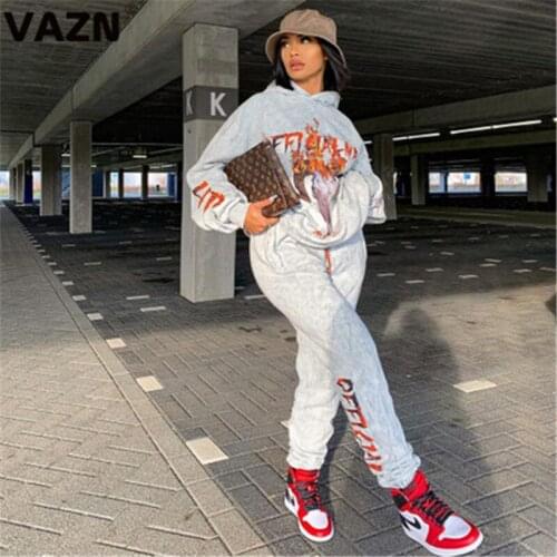 VAZN 2020 Hot High-end Gray Nature Casual Young Hooded Full Sleeve Group Long Pants Tracksuits Slim Women 2 Piece Set