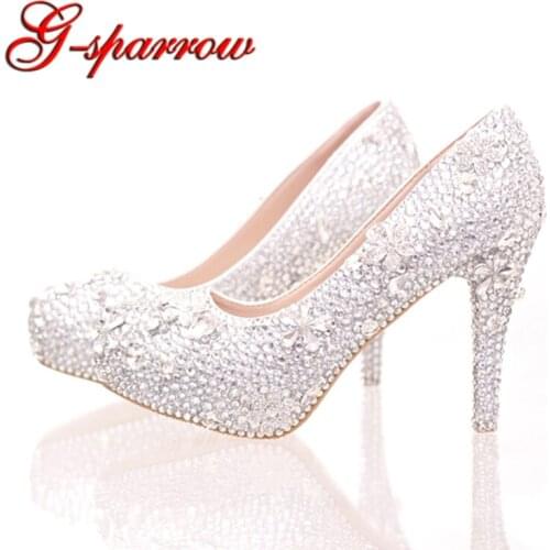 Silver Rhinestone Gorgeous Cinderella Crystal Shoes Stiletto Platform Shoes The Bride Dress Shoes Graudation Party Prom Shoes