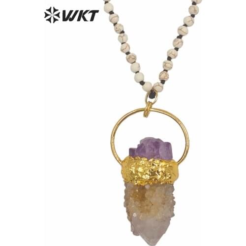 WT-N1245 WKT 30 INCH white tur-quoise 6 mm beads spirit quartz pendant necklace women fashion gold randomly shape stone neck