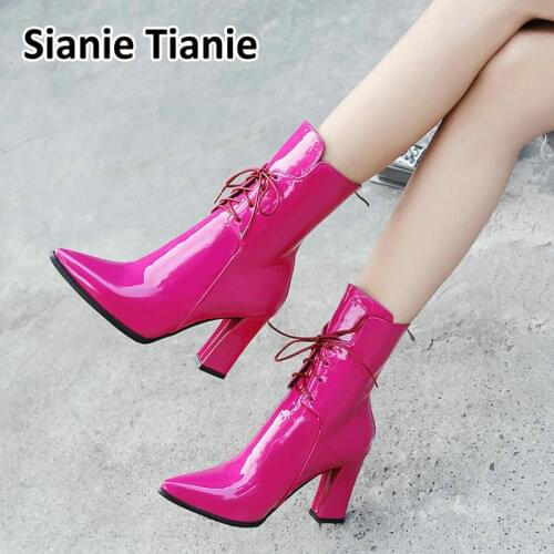 Sianie Tianie 2020 new patent PU leather pointed toe block high heels lace-up woman shoes fuschia white women ankle boots bootie