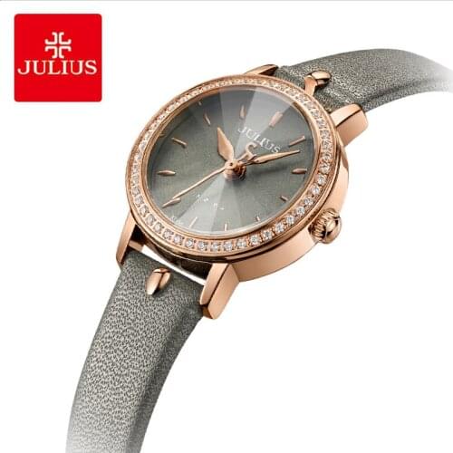 Julius Woman Retro Crystal Leather Waterproof Quartz Wristwatches Luxury Dress Watch Female Multi Faceted Cutting Table Mirror