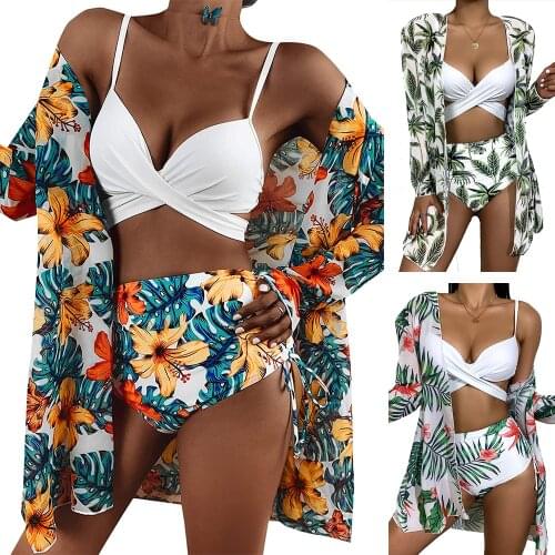 WomenS Sexy 3 Piece Bikini Interlaced Bikini Top High Waist Bikini Bottoms Bohemian Print Blouse Summer Beach Club