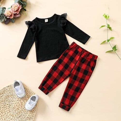 6M-4Y Kids Baby Girls Clothes Set Solid Color Long Fly Sleeve Pullover and Plaid Long Pants Spring Autumn 2Pcs Casual Outfits