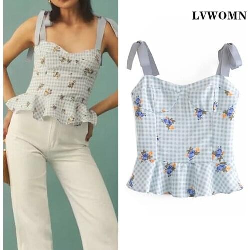 LVWOMN Za Sexy Summer Crop Top Woman French Vintage Print Women Plaid Shirt Fashion Bow Tie Ruffle Ruched Short Top Chic Clothes