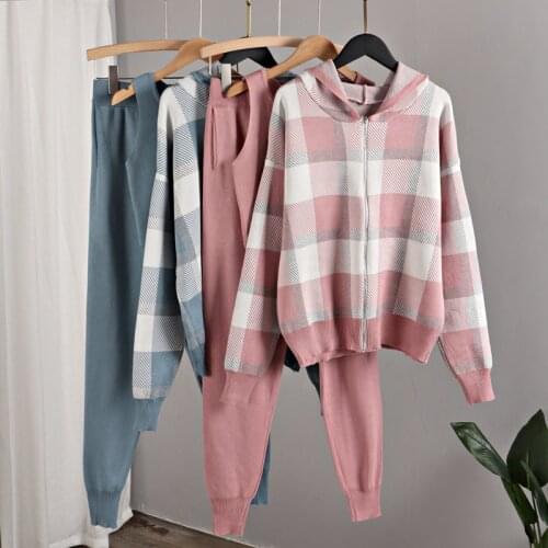 New Plaid Knitted Womens Tracksuit Thick Warm Hooded Cardigans Sweater + Solid Tank Top + Pencil Harem Pants 3 Piece Set Suits