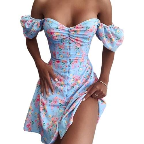 2021 New Summer Sexy Off Shoulder Floral Print Dress Women Puff Sleeve Holiday Boho A Line Single Breasted Sundress
