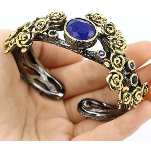 73x32mm Big Heavy 60.5g Collection Bangle for Women Bohemia Flower Design Real Blue Sapphire Black Gold Silver Bracelet 7.5"
