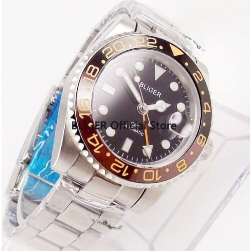 BLIGER 40mm Black Dial Ceramic Rotating Bezel GMT Function Stainless Steel Band Luminous Sapphire Automatic Movement Mens Watch