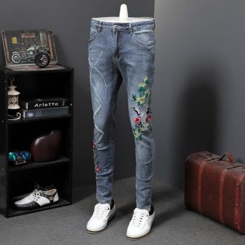 Punk Style Mens Ripped Embroidery Stretchy Denim Pants Full Length Fashion Casual Slim Fit Straight Pencil Trousers Plus Size
