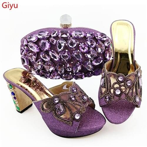 Doershow new come Matching Women Shoe and Bag Set Decorated L.purple Nigerian Shoes and Bag Set Italy Shoes and Bag set!HKO1-21