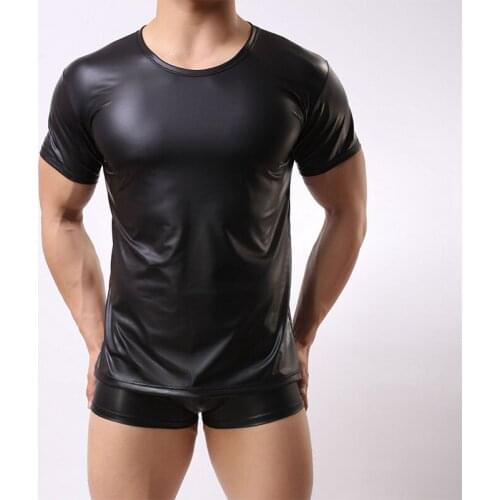 PU Leather T Shirts Men Sexy Fitness O-Neck Tops Gay Mens stage Tshirt Stretchy Casual Clothes Black Leather Tight Top