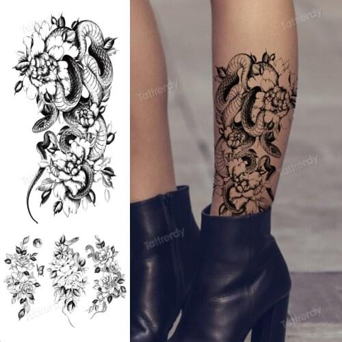 Fake leg sleeve tattoo snake peony rose sketch flowers tattoo designs black henna waterproof stickers tattoo armband breast body