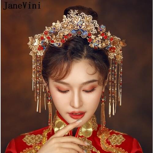 JaneVini Luxury Chinese Bridal Headdress Ancient Red Butterfly Hairpins Pearls Gold Long Tassel Wedding Jewelry Hair Accessories