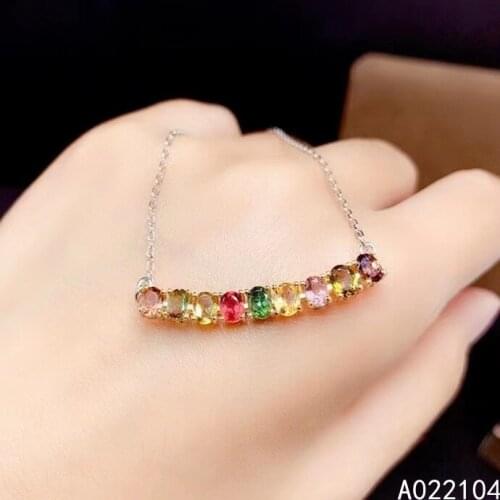 KJJEAXCMY fine jewelry 925 pure silver inlaid natural rainbow tourmaline women vintage simple gem Pendant Necklace chain support