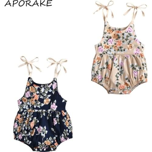 2021 0-24M Newborn Baby Girls Floral Print Romper Summer Stylish Sleeveless Straps Bandage Playsuit for Children Baby